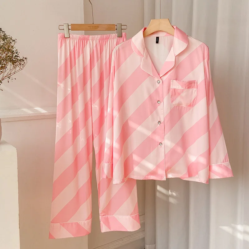 

Print Striped Sleep Set Long Sleeve Home Clothing Intimate Lingerie Casual Spring Autumn New Pajamas Suit Pink Satin Pyjamas