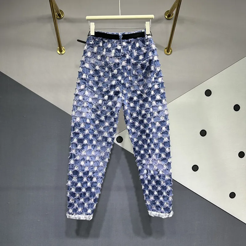 Tie-Dyed Ripped Lace Patchwork Jeans Women's European Station 2023 Summer New High Waist Slimming Tappered Harem Denim Pants