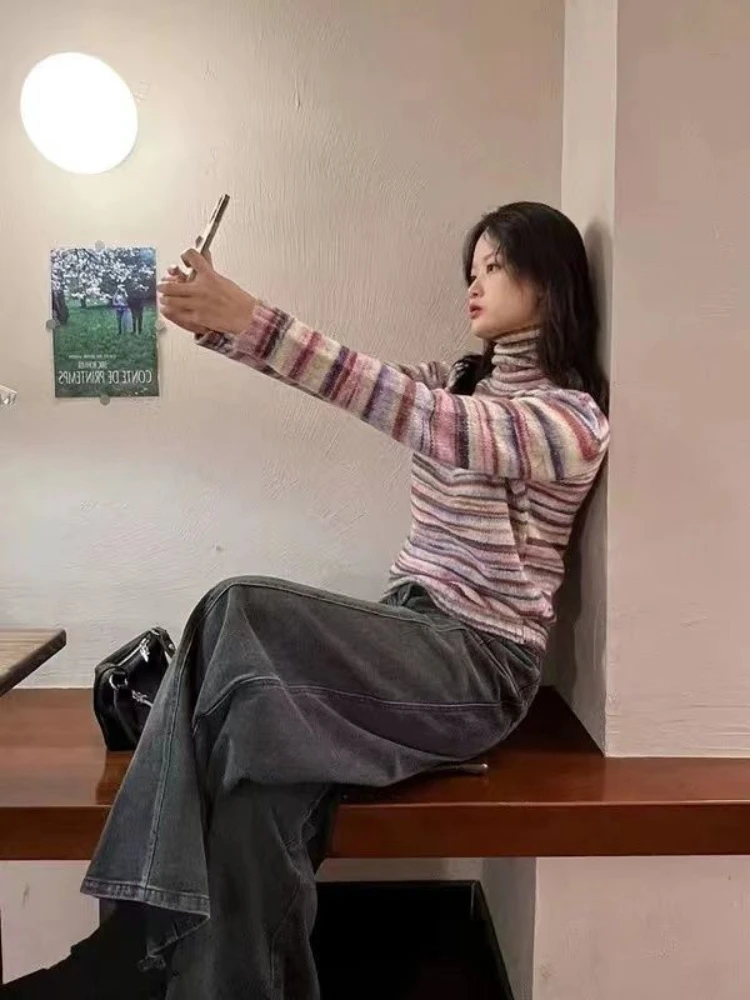 QWEEK Y2k винтажный полосатый Радужный свитер в стиле ретро женский японский