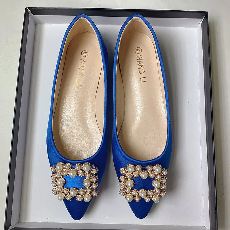 

Blue Wedding Shoes Woman Square Buckle Pearl Pointed Toe Flats Glitter Shallow Slip On Comfortable Bling Silk 33-44 Moccasins