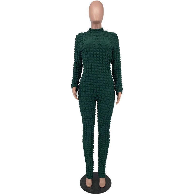 Women Zipper Mock Neck Long Sleeve Skinny Casual Overalls Y2K Clothes Female Rompers Puffy Waffle Knitted Solid Jumpsuit