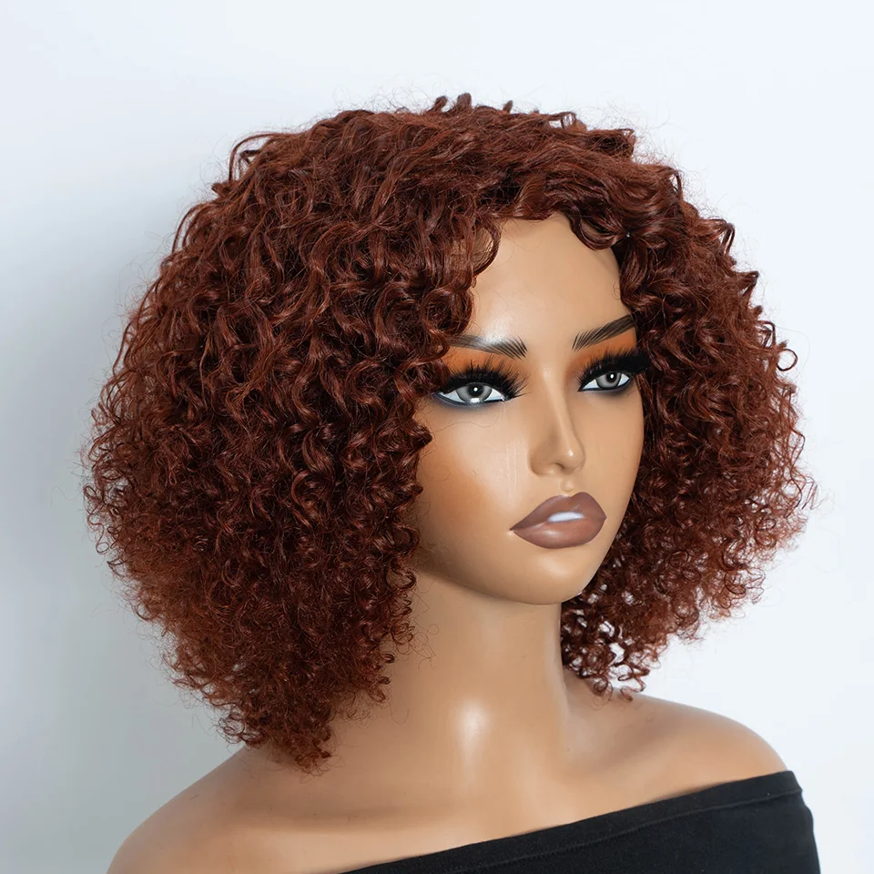 Фото Кудрявые парики красноватого оттенка # Парик 33A Jerry Curly Bob, предварительно осветленный, с кружевной основой, короткая стрижка пикси, матовый голубой, из натуральных волос, распродажа №2