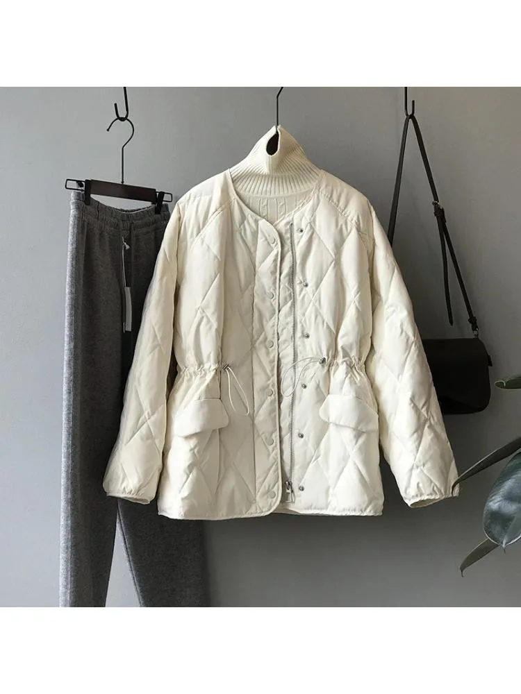 Short Cotton-Padded Quilted Plaid Black Parkas Jacket Women's 2022 Winter New Korean Collarless Loose Elastic Waist Warm Coats