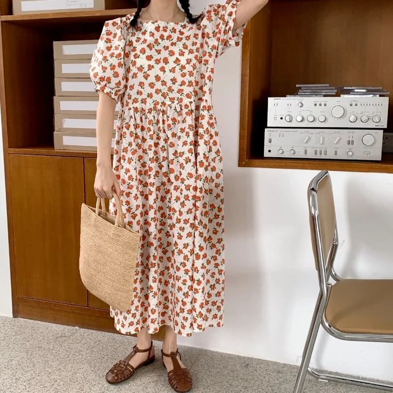 

2021 Summer Vintage French Style Square Collar Printed Puff Sleeve Casual Loose Chic Girls Cottagecore Cotton Women Long Dress