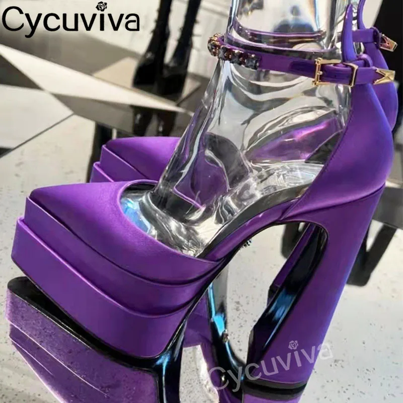 

2022 Hot Modern Platform Party Shoes Rose Red Satin Mules Super High Heels Pumps Women Ankle Strap Women Sandals Women Size 43