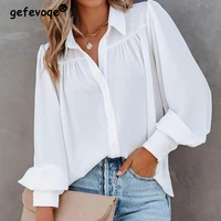 spring autumn new womens solid lapel buttons folds loose casual blouse top lantern long sleeve comfortable cardigan shirt blusa