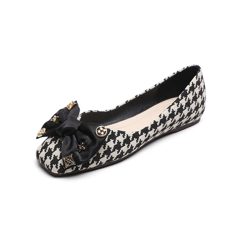 Square Toe Retro Houndstooth Single Shoes Women's Korean Version Bow Flat Beanie Shoes Soft Bottom Shallow Mouth Women Shoes