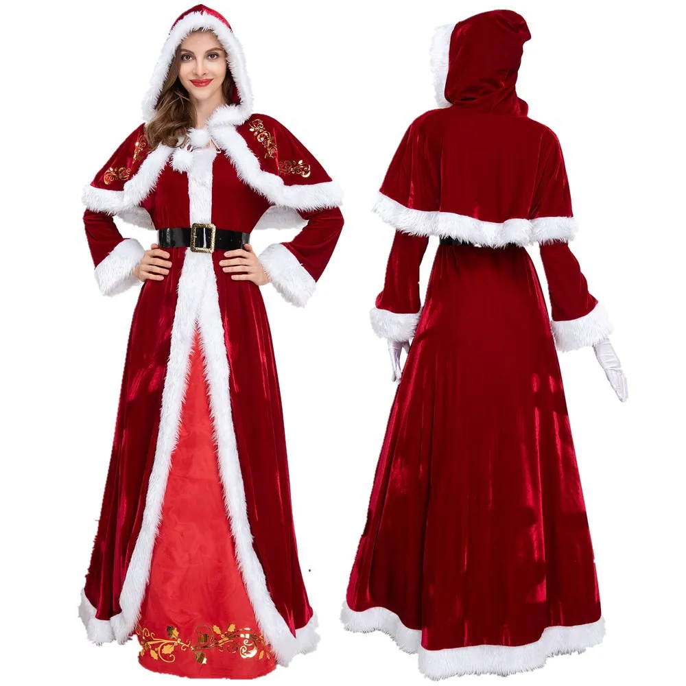 

Christmas Costume Elegant Classic Santa Claus Full Set Red Dress For Woman Hood Cape Winter Holiday Party Performance Game