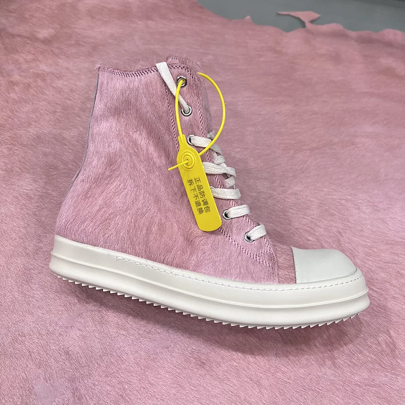 Dekherw High Top Shoes Women Leather Pink Horse Fur Ro Owen 2023 New Thick Sole Increased Street Casual Sneakers Ankle Boots Men