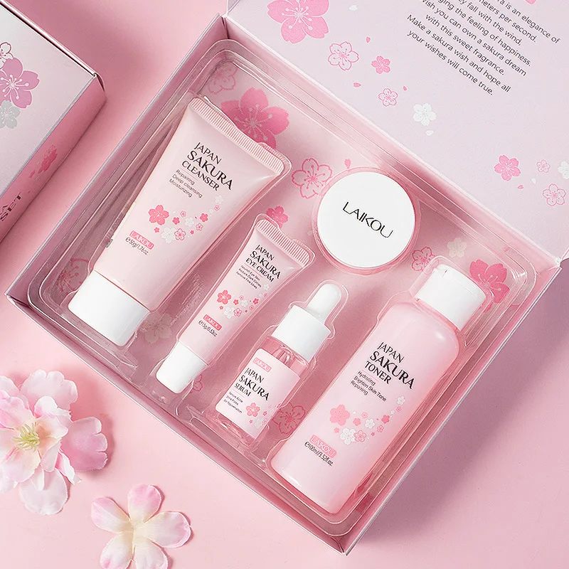 

Sakura Facial Cleaner Korean Face Serum Anti Acne Peeling Gel Moisturize Fade Dark Circles Eye Cream Cosmetics Skin Care Set