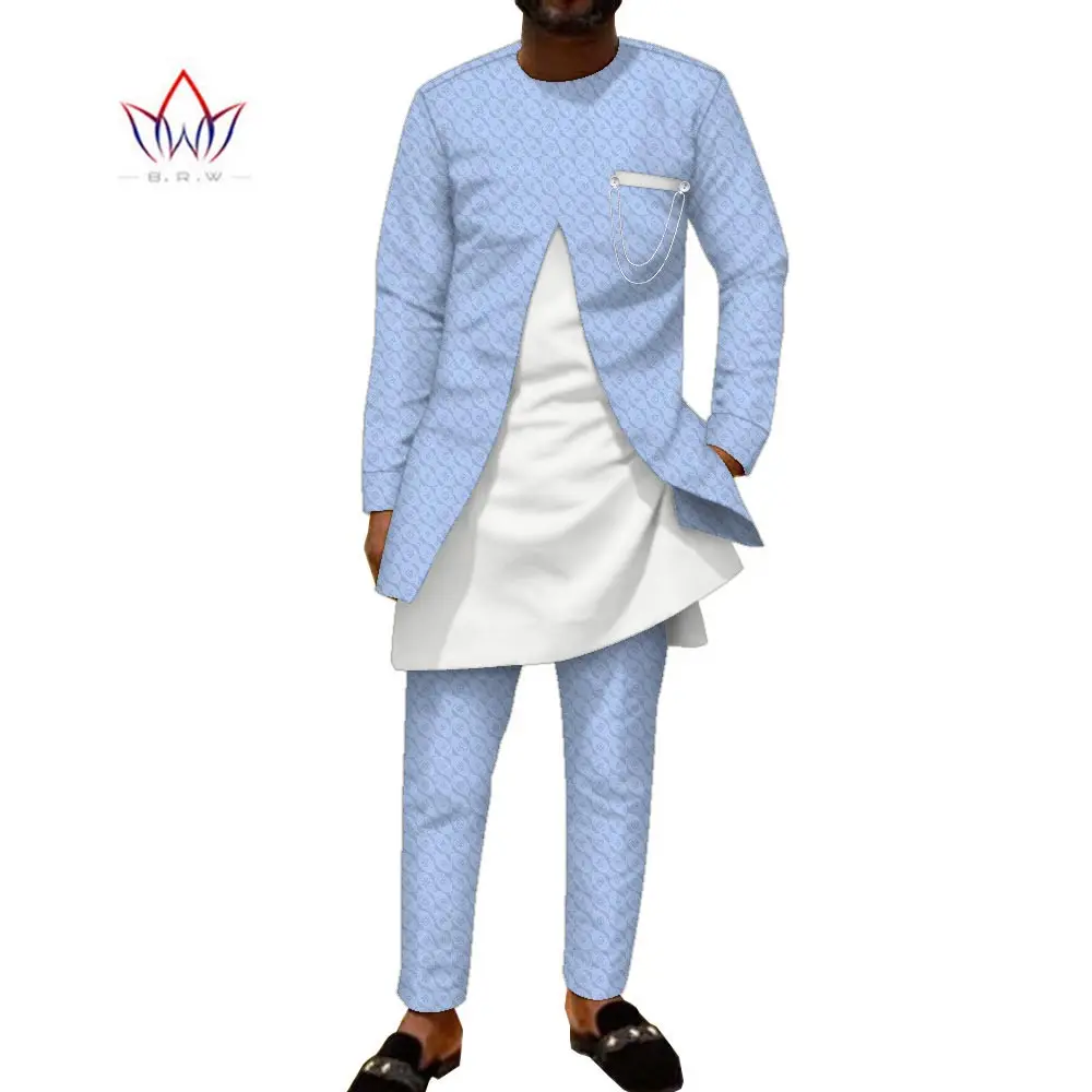 BintaRealWax Мужской комплект из 2 предметов африканская одежда для мужчин с круглым вырезом в стиле пэчворк Топ Dashiki и брюки WYN1839