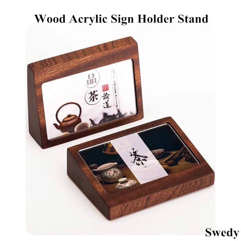 

88x46mm Small Desk Table Menu Paper Sign Holder Wood Base Slant Acrylic Advertising Price Label Card Tag Stand