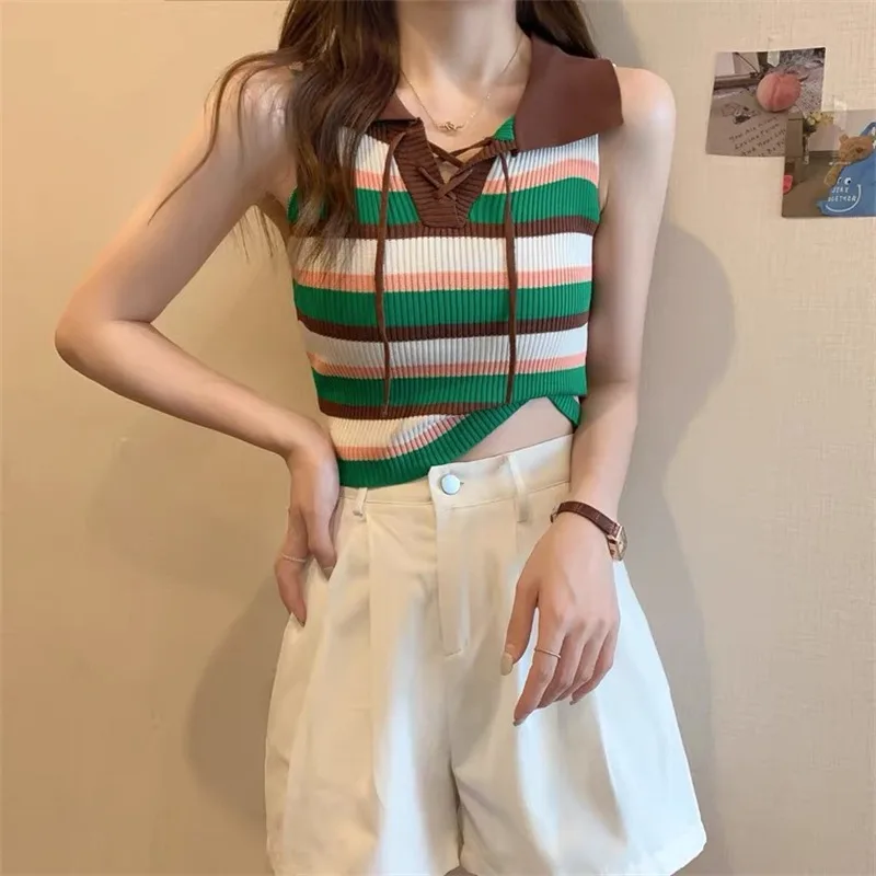 

Hot girl American retro collar striped knitted camisole women's inner wear 2022 summer fashion foreign style fashionable top