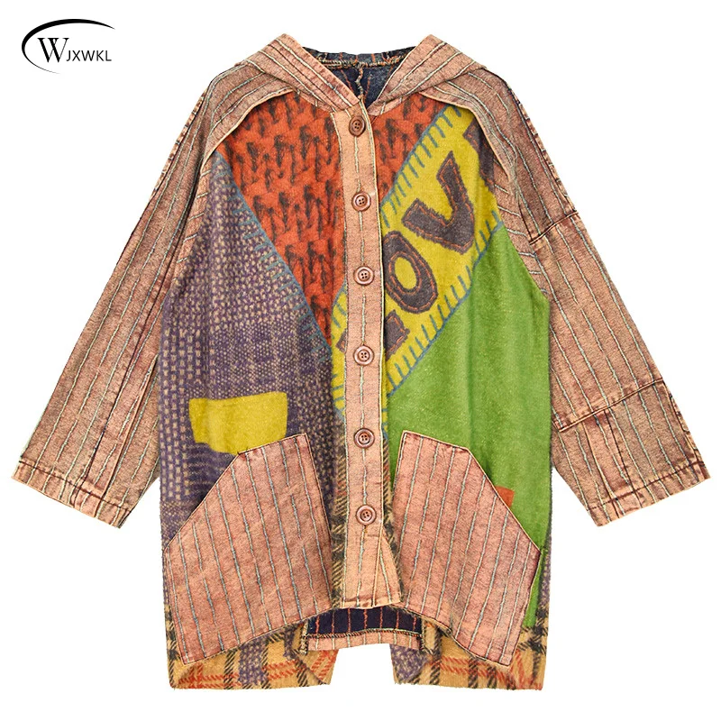 

New Faux Mink Spliced Denim Printed Cardigan Plus Size Hooded Jacket for Women Loose Single-breasted Patchwork Coat