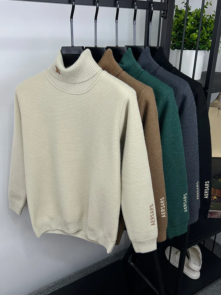 Мужской пуловер из шерсти с вышивкой бархатный свитшот высоким воротом толстый