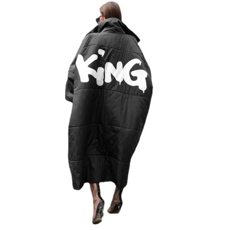 Winter Fashion Commuter Letter Print Long Loose Black Cotton Coat Women Winter Jacket Women