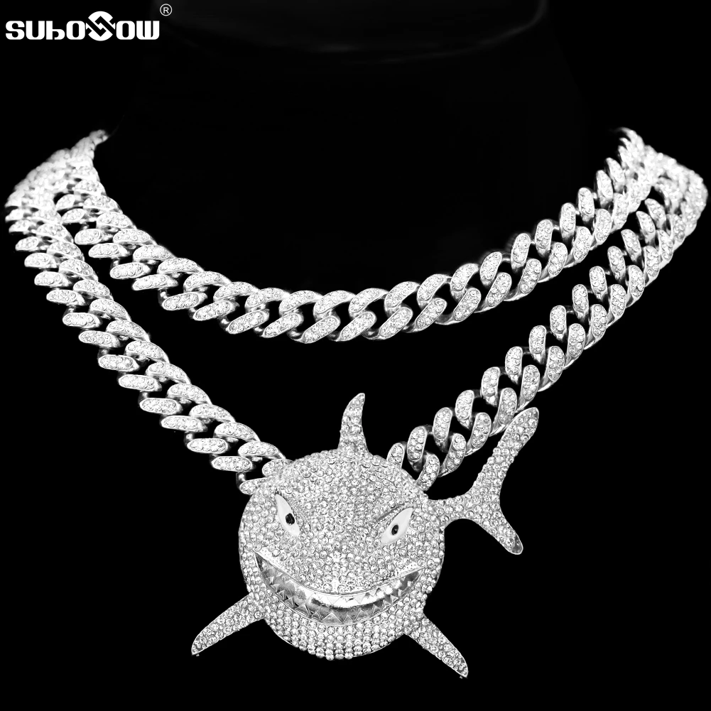 

HipHop Iced Out Chains for Men Shark Pendant Cuban Link Necklace Bling CZ Tennis Chain Stainless steel Rope Chain Choker Jewelry