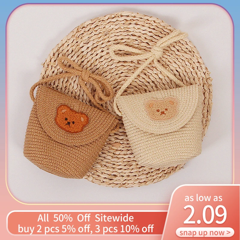 

Cartoon Bear Kids Straw Bag Summer Handmade Woven Children Handbag Coin Purse Boy Girl Shoulder Messenger Bag Crossbody Backpack