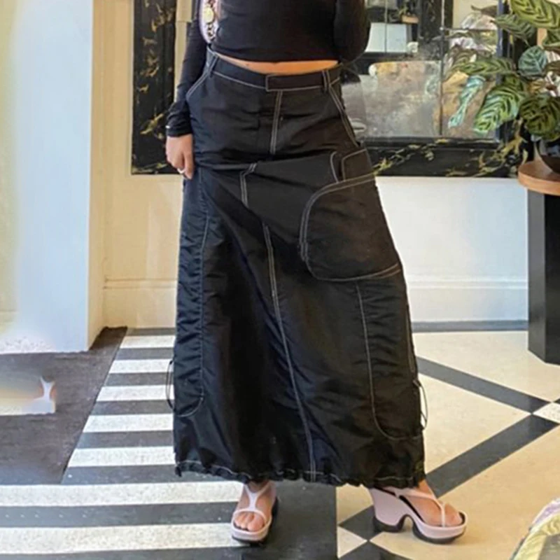 

Sunny y.j. A-Line Women Long Skirts Harajuku Casual Street Style Black Maxi Skirt 2022 Summer Fashion Patchwork Girl Cargo Skirt