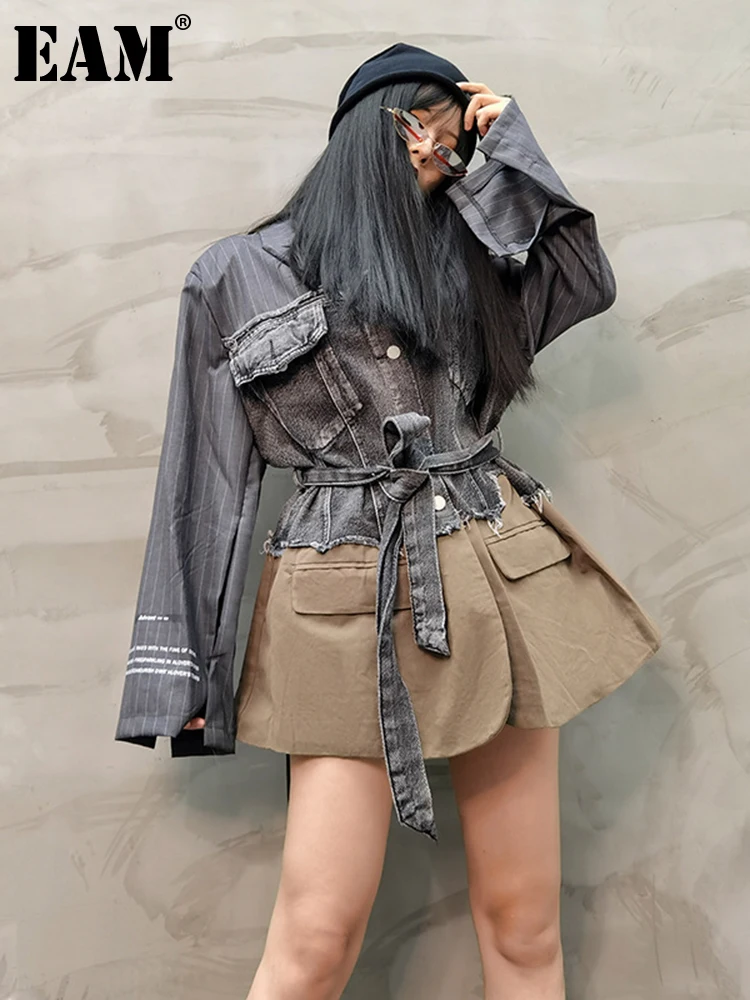 

[EAM] Loose Fit Black Denim Belted Big Size Jacket New Lapel Long Sleeve Women Coat Fashion Tide Spring Autumn 2022 1DE7312