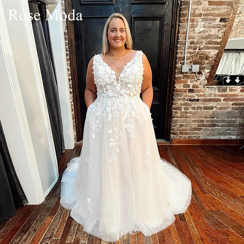 

Rose Moda Deep V Neck Princess Wedding Dresses with 3D Floral Laces Pastrol Bridal Gown Custom Make