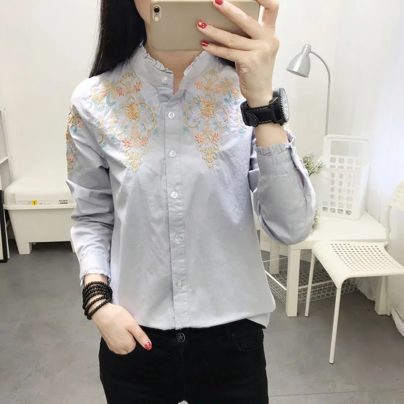 2022 Summer New Embroidery Flower Women Blouse and Shirts 100% Cotton Slim Office Lady Causal White Shirts Outwear Coat Tops enlarge