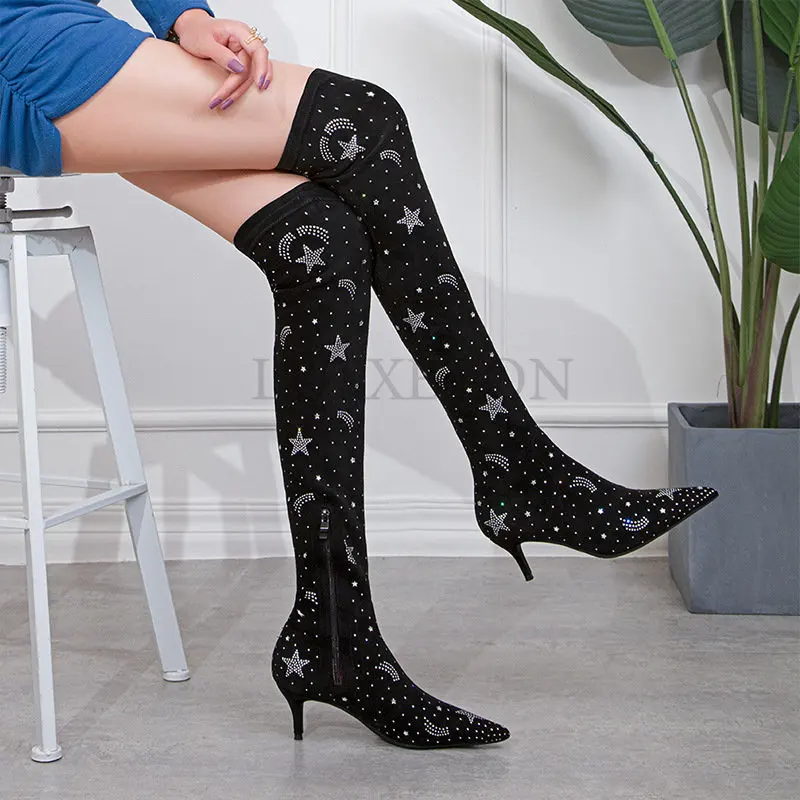 

Women's High Heel Autumn Spring Elastic Fabric Knee Length Boots Fashion Cashmere Long Thin Heel 6cm Pointed Black Moon Pattern