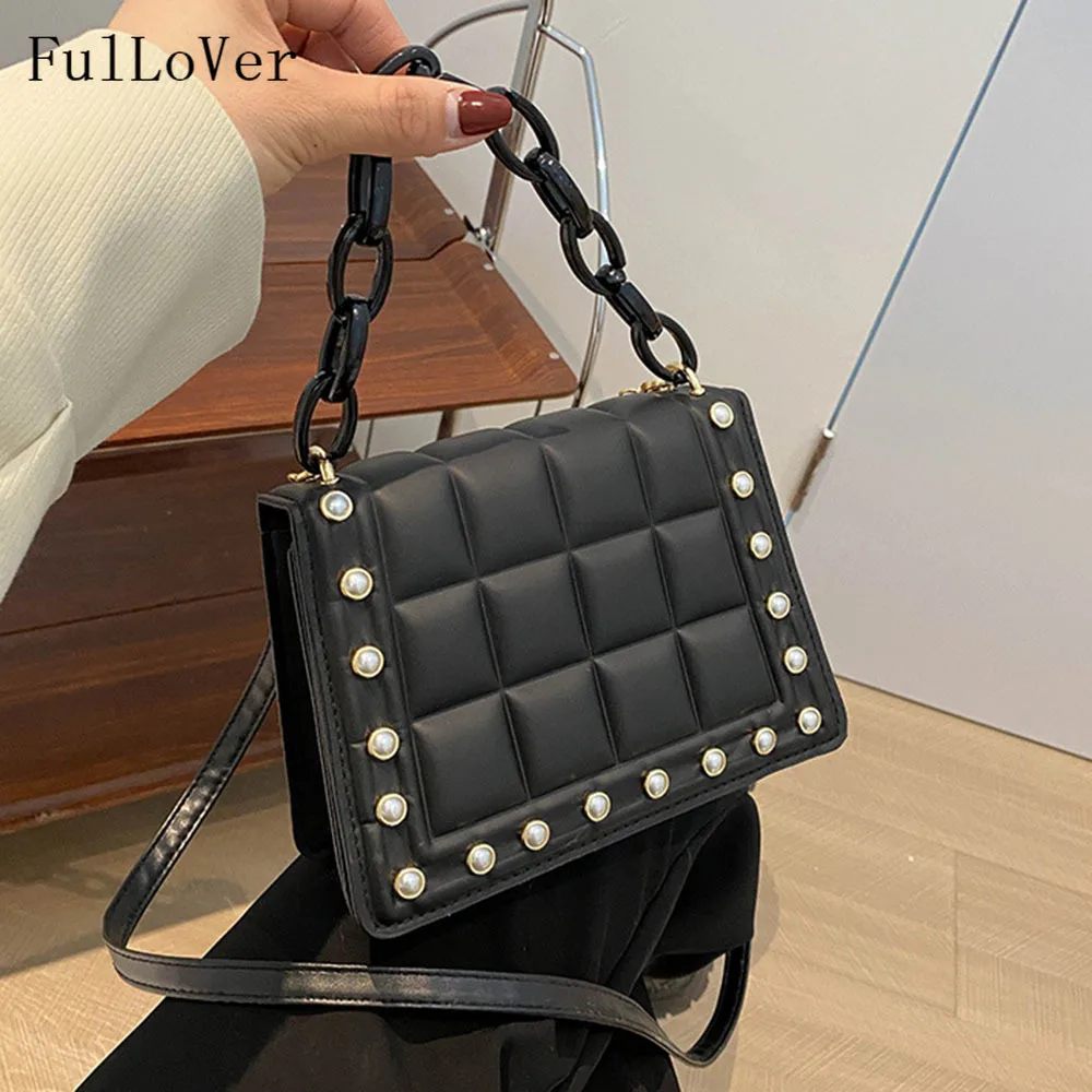 

2022 New Fashion Women Square Handbags Pearl Portable Messenger Bags Checkered Chain Pu Leather Bags Designer Brand Purse Bags