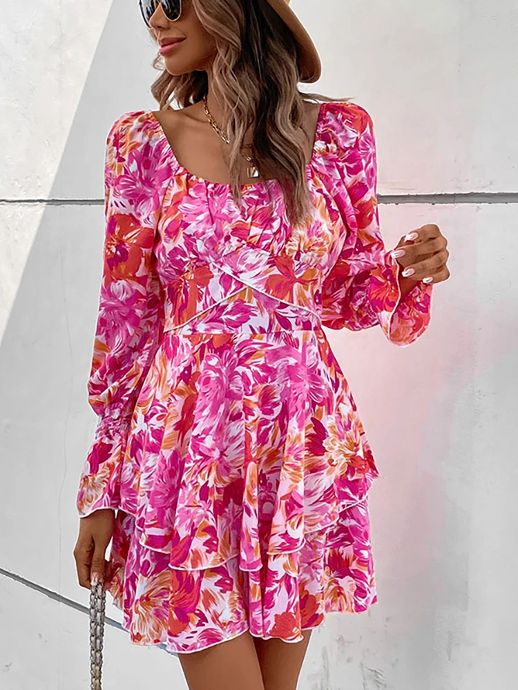 

JIM&NORA 2023 Women Print Floral Tied Mini Dress Women Chic Long Sleeve Short High Quality Ruched Elegant Women's Mini Dresses
