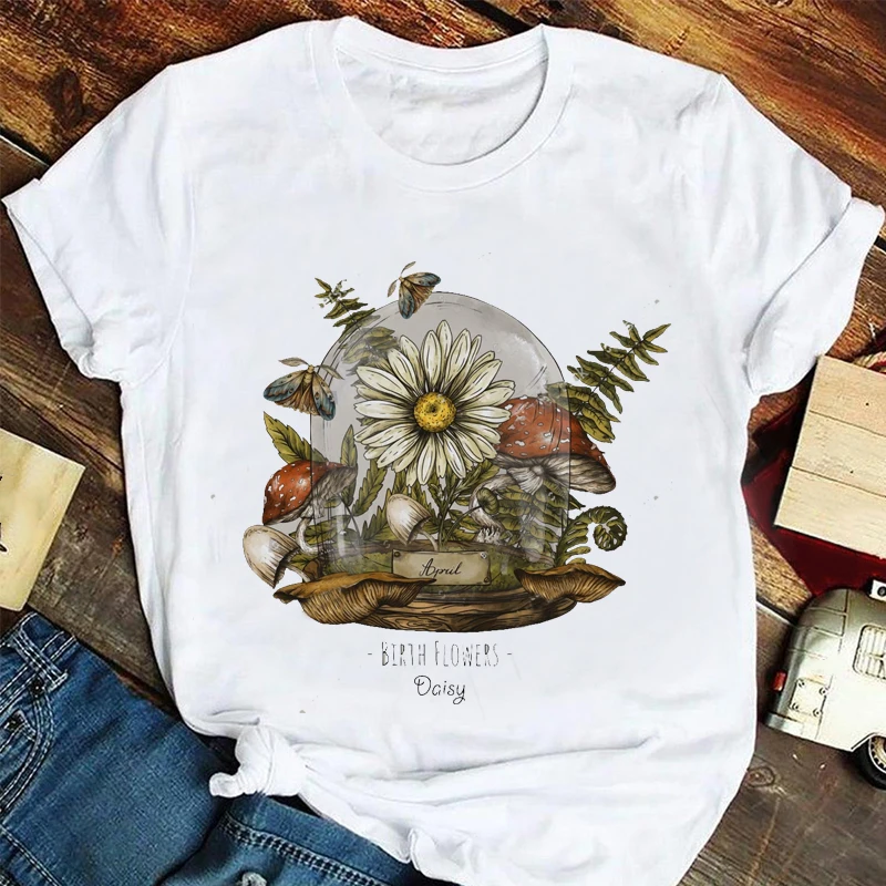 Женская футболка с коротким рукавом, круглым вырезом и цветочным принтом Женская футболка с коротким рукавом, круглым вырезом и цветочным принтом