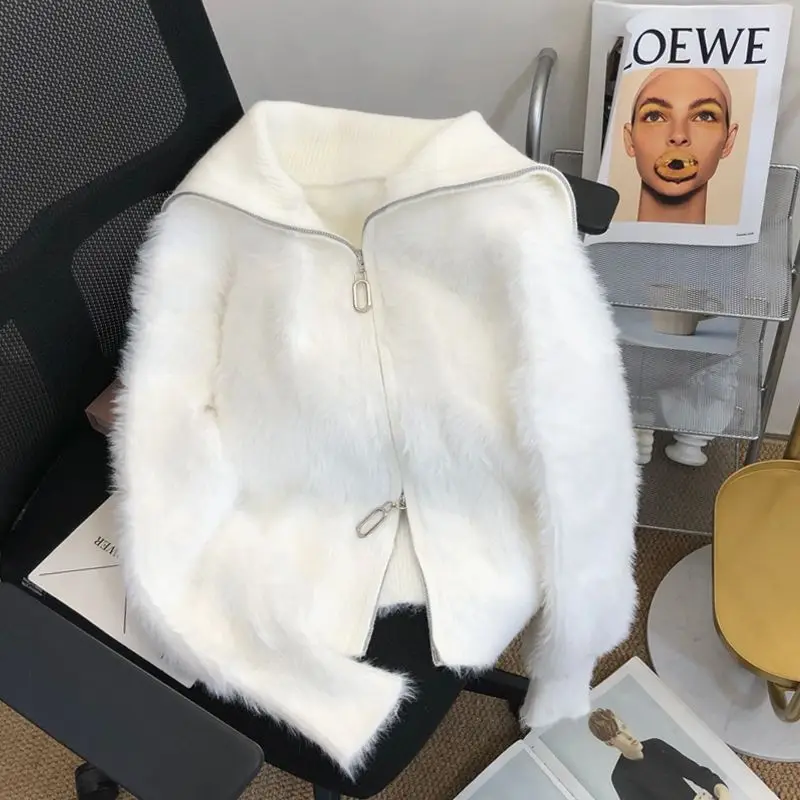 Gaganight женский мохеровый белый свитер с высоким воротом 2024 куртка-кардиган