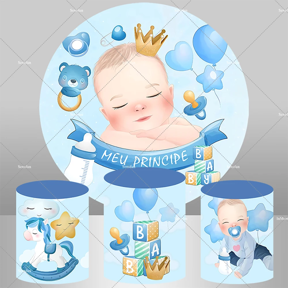 

Blue Boy Baby Shower Round Backdrop Cover Horse My Prince Birthday Party Decoration Cylinder Table Pillar Covers