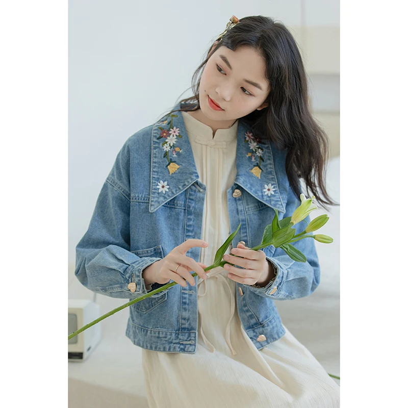 

Will not credit! Embroidery denim coat lapels han edition leisure fashion relaxed joker college female spring wind