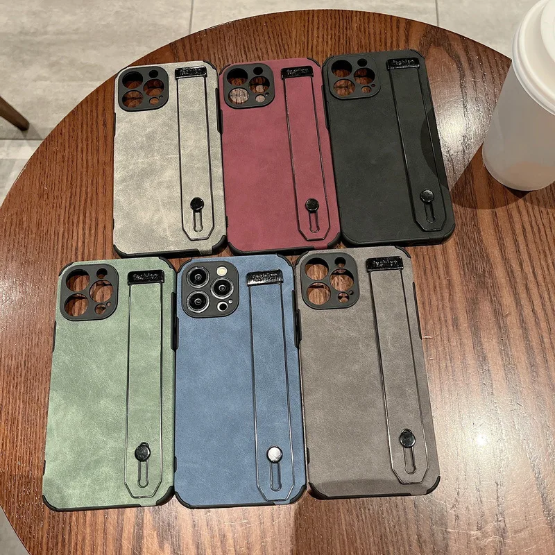 

10pcs Skin Feeling Leather Wrist Strap Holder Bracket Phone Case for iPhone 14 13 12 11 Pro Max Plus Shockproof Soft Back Cover