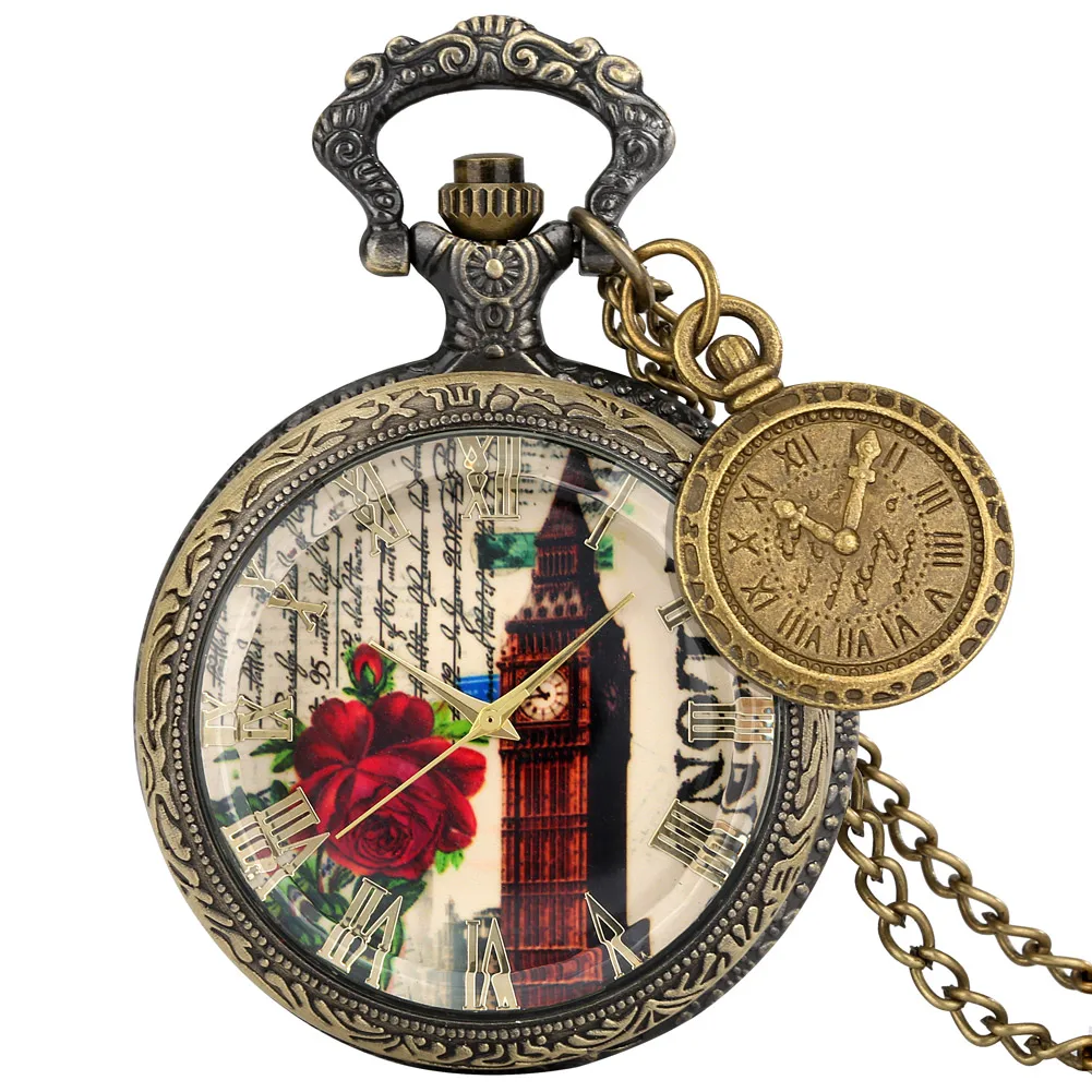 

Nostalgic Bronze Unisex Large Pocket Watch Big Ben Clock Building Dial Slim Chain with Roman Tag Retro Pendant Clocks Souvenir