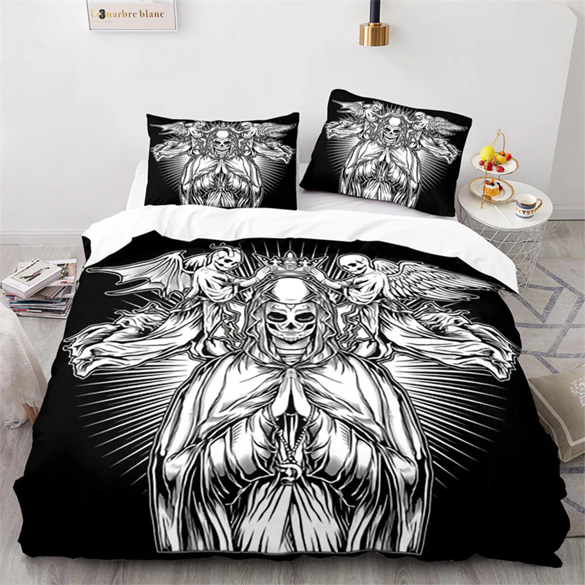 

Sugar Skull Rose Duvet Cover Gothic Spooky Skeleton Skull Duvet Cover Horror Theme Floral for Teen Adult for Bedroom Decoration