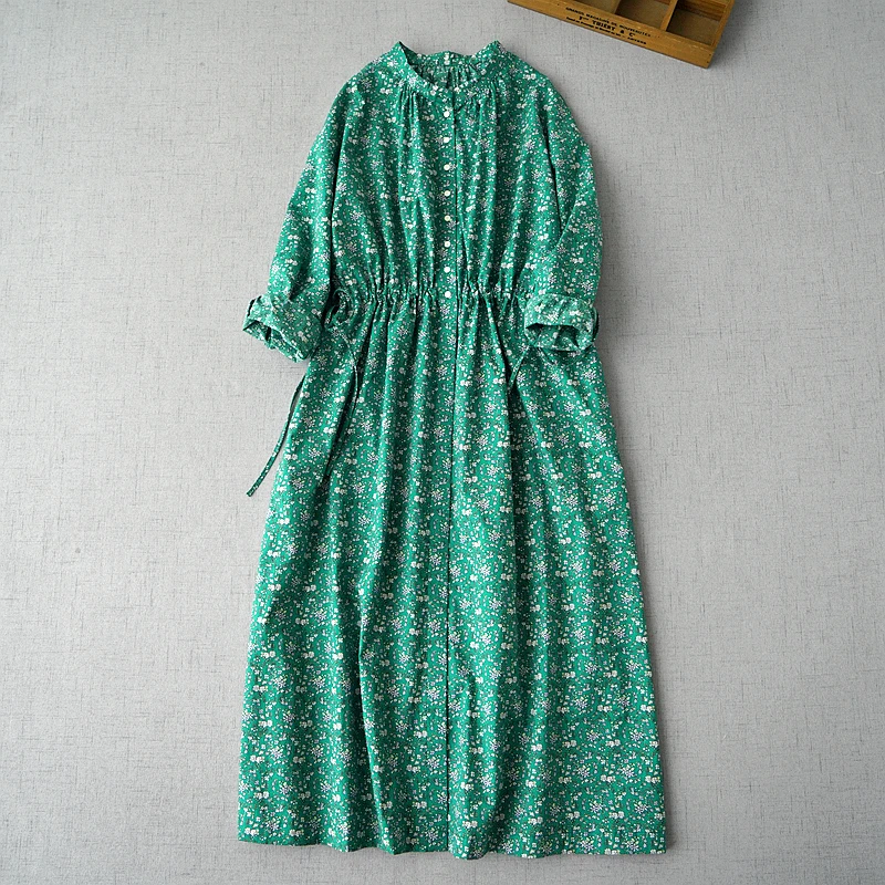130cm Bust / Spring Summer Women Loose Green Floral Print Comfy Natural Breathable Water Washed Cotton Dresses