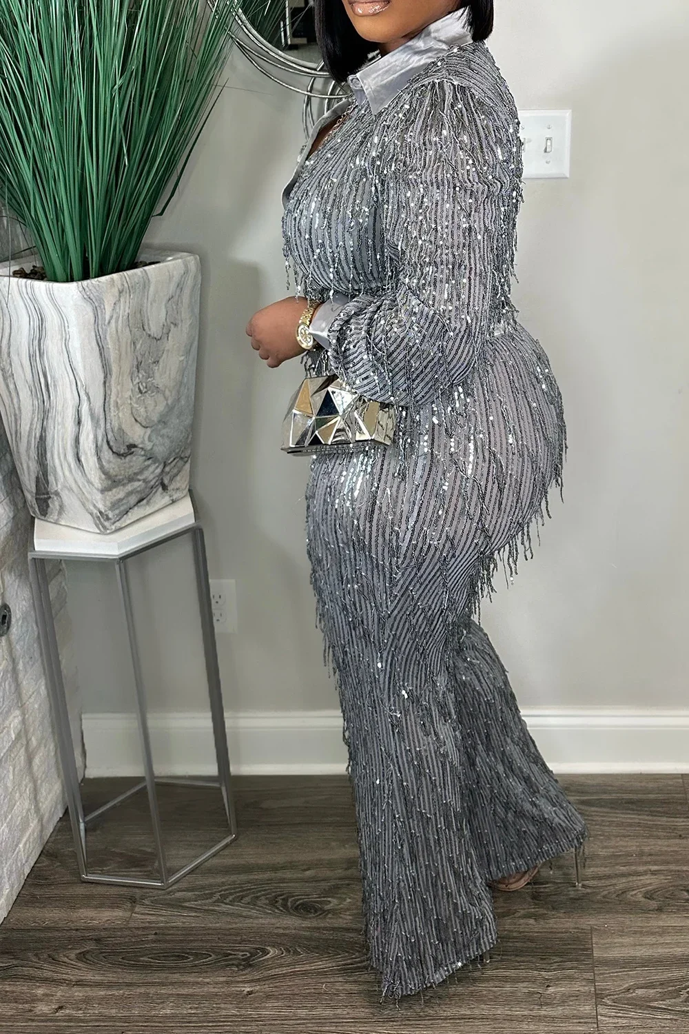 Женский комплект из 2 предметов Весенняя блузка с блестками и бахромой