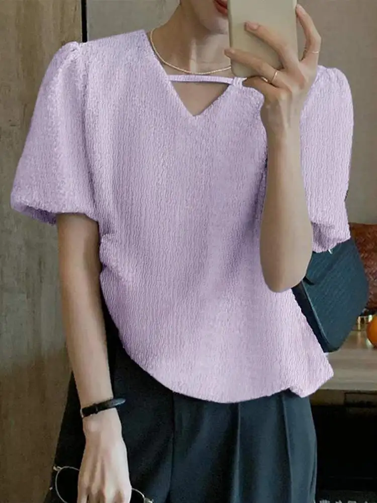 

Блузка ZANZEA женская с V-образным вырезом, модная повседневная Однотонная рубашка свободного кроя, топ с коротким рукавом, в стиле оверсайз, на...