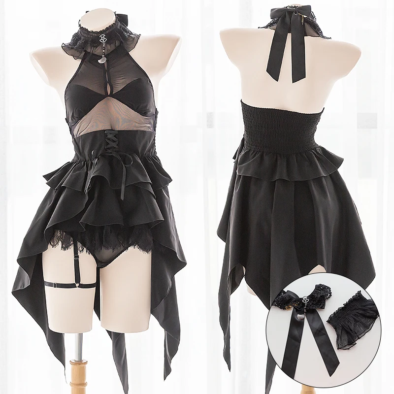 

Demon Cosplay Costumes Gothic Lolita Black Lace Sexy Lingerie for Women Cute Wedding Evil Anime Backless Asymmetric Dress