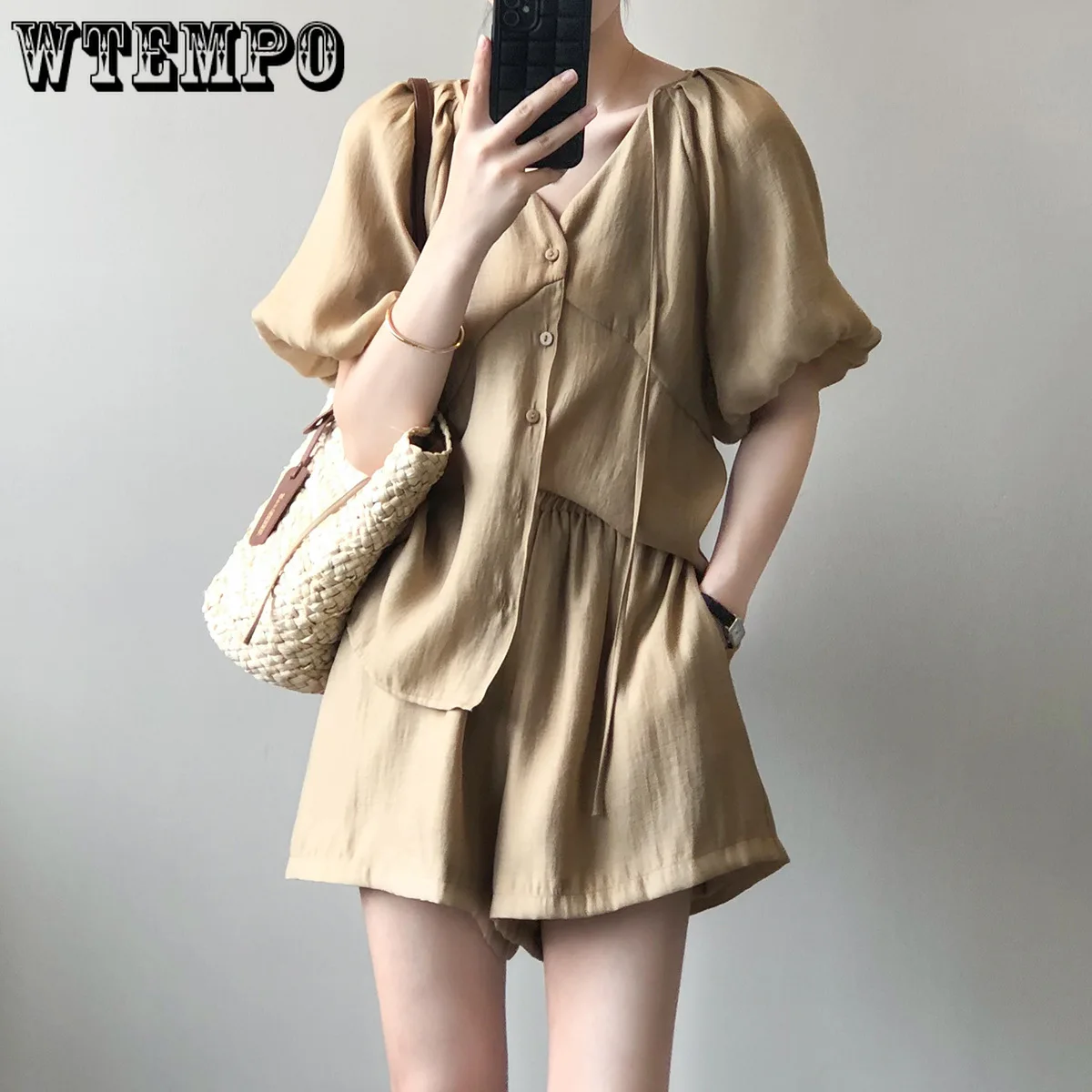 

V-neck Puff Sleeve Suit Women's Summer Lace-up Shirt Casual Wide-leg Shorts Drop Shipping