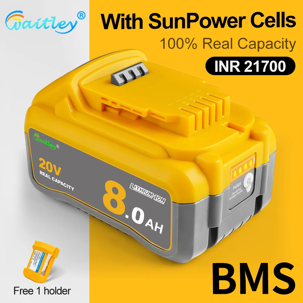 Фото Аккумулятор Li-ion Waitley 8Ач 18В 20В для электроинструментов Dewalt с элементами SunPower INR21700, замена DCB200 DCB184, аксессуары для инструментов №1