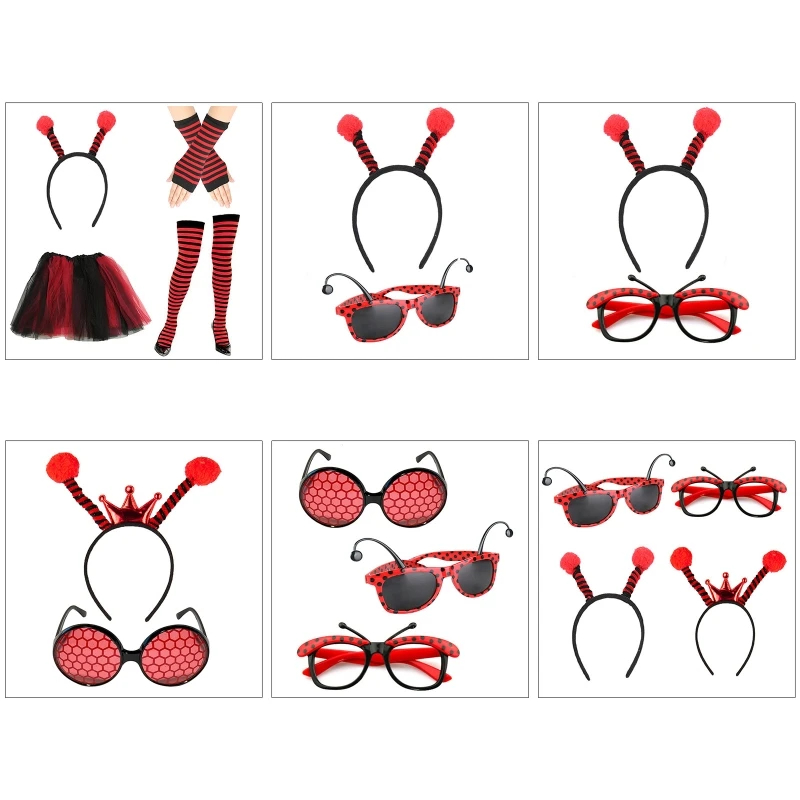 

Halloween Ladybird Costume Set Ears Headband Tutu Oversleeve Glasses Stockings