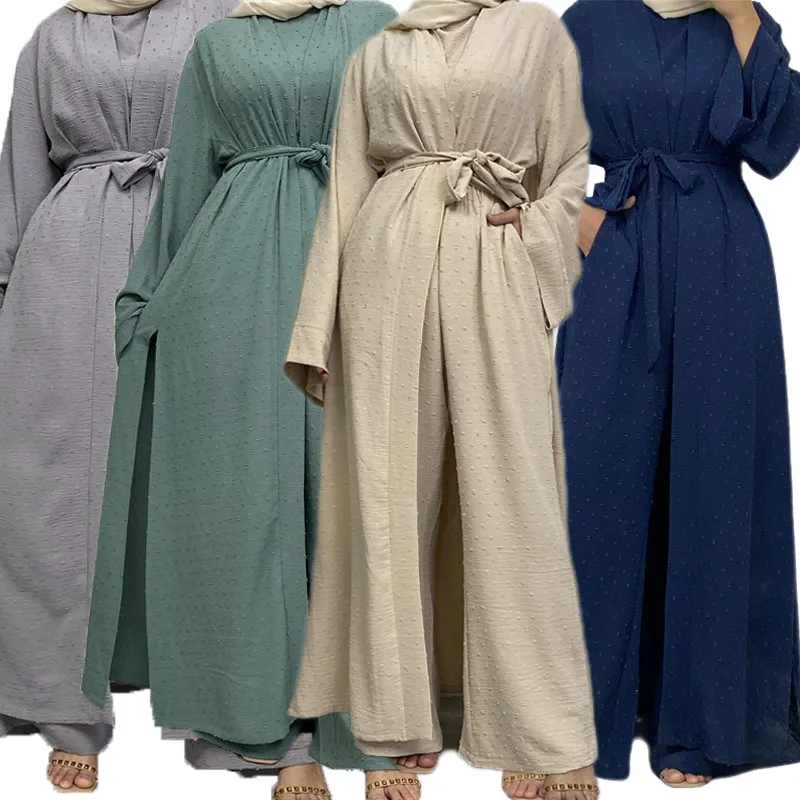 

Eid Morocco Muslim Dress Women Open Abaya 3 Piece Matching Set Kaftan Ramadan Dubai Caftan Tops Pants Turkey Islamic Kimono Robe
