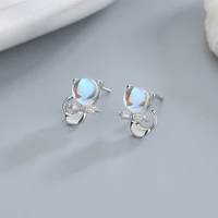sterling silver fashion zircon colorful gradient moonstone cat stud earrings ladies jewelry gift cute cat earrings for girls
