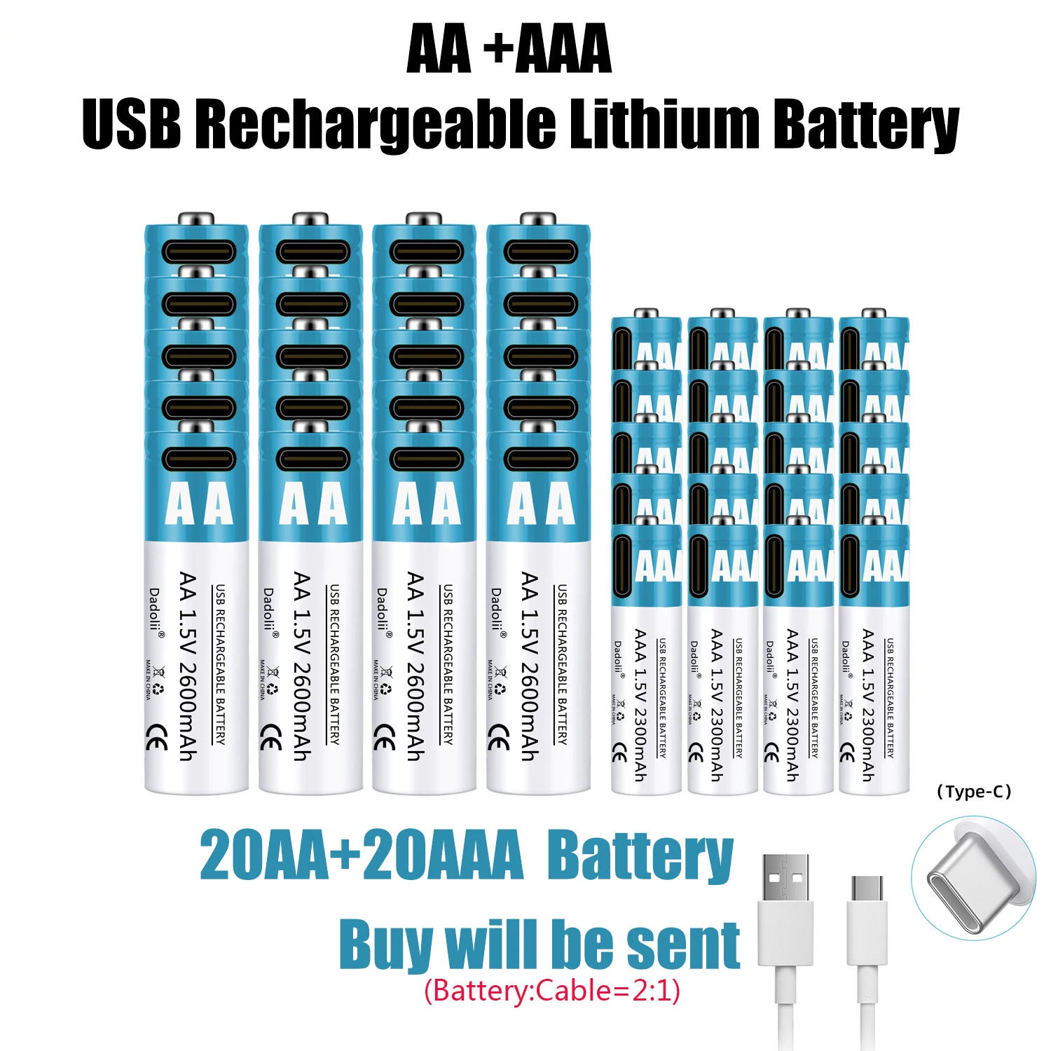 

AA + AAA Battery 1.5V Li-Ion Battery 2600mAh rechargeable lithium ion battery AA 1.5V USB fast charging lithium ion battery