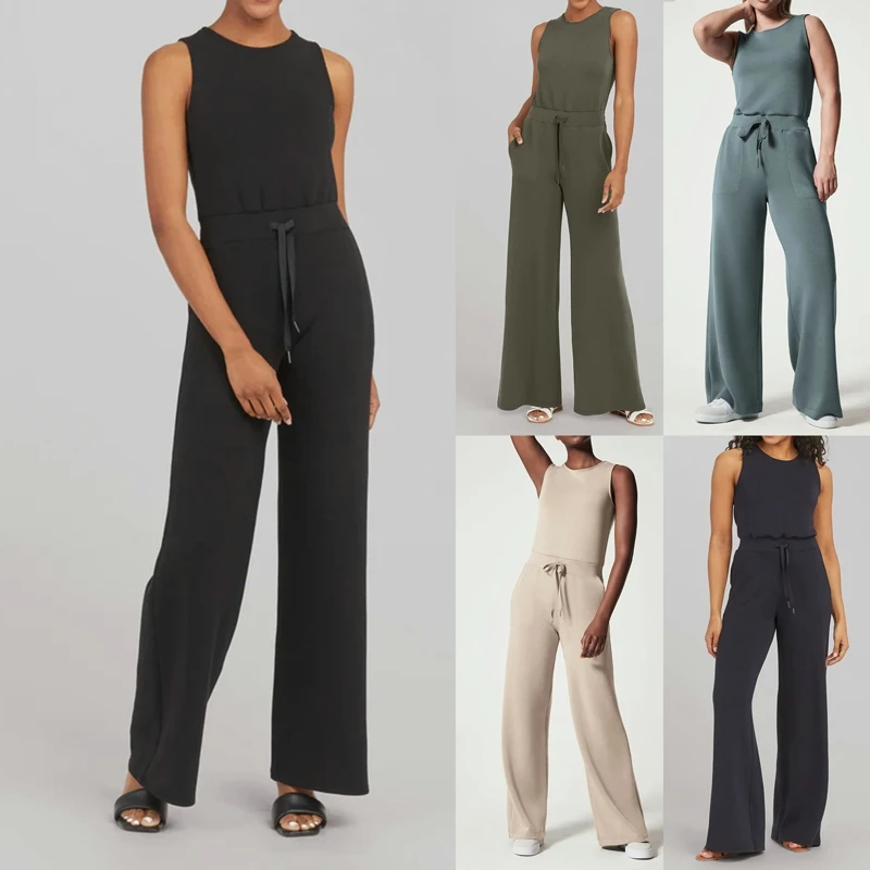 2023 New Summer Jumpsuits Women Solid Color Casual Sleeveless Lace-Up Jumpsuits Woman Streetwear Elastic Waist Wide Leg Jumpsuit