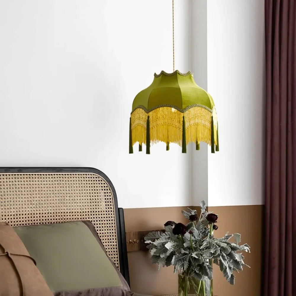 Винтажная Потолочная люстра зеленая тканевая прикроватная лампа с кисточками