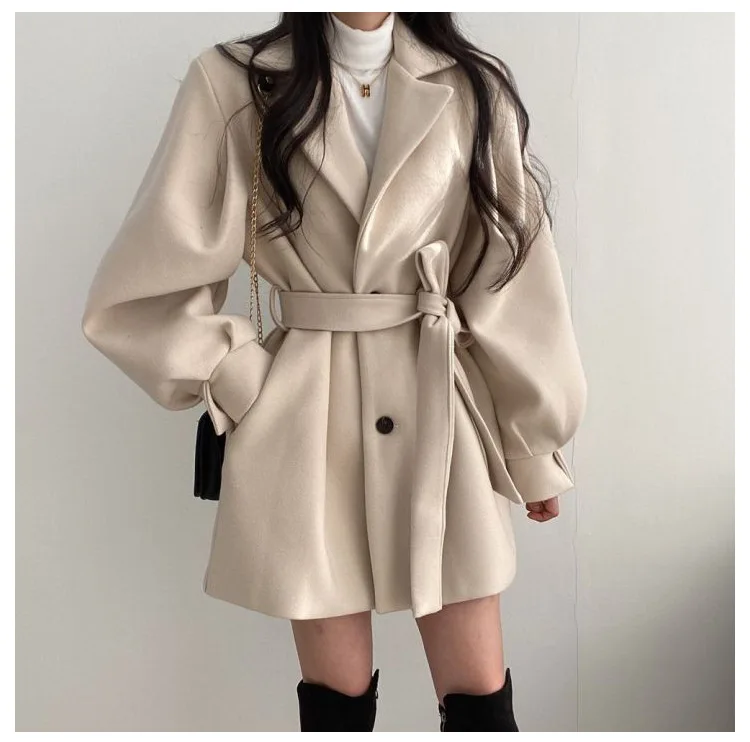 

Solid Trench Coats Mid Length Topcoat Blazer Collar Woolen Coat Women Belted Winter Jacket Niche Vintage Loose Fashion Overcoat