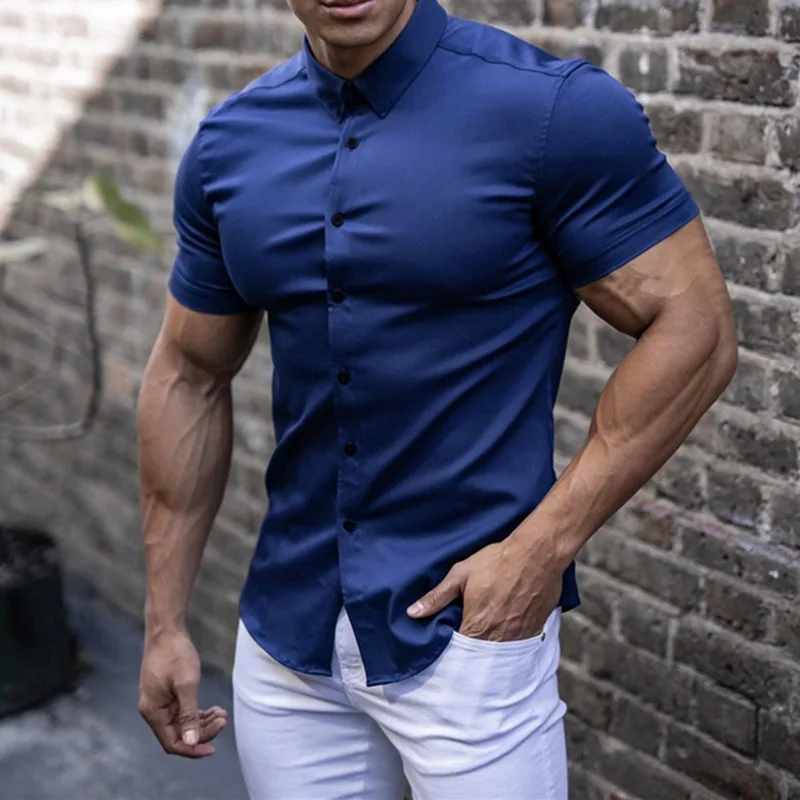 Fitness men's business shirt non-ironing work summer anti-wrinkle high-quality shirt men's short-sleeved shirt